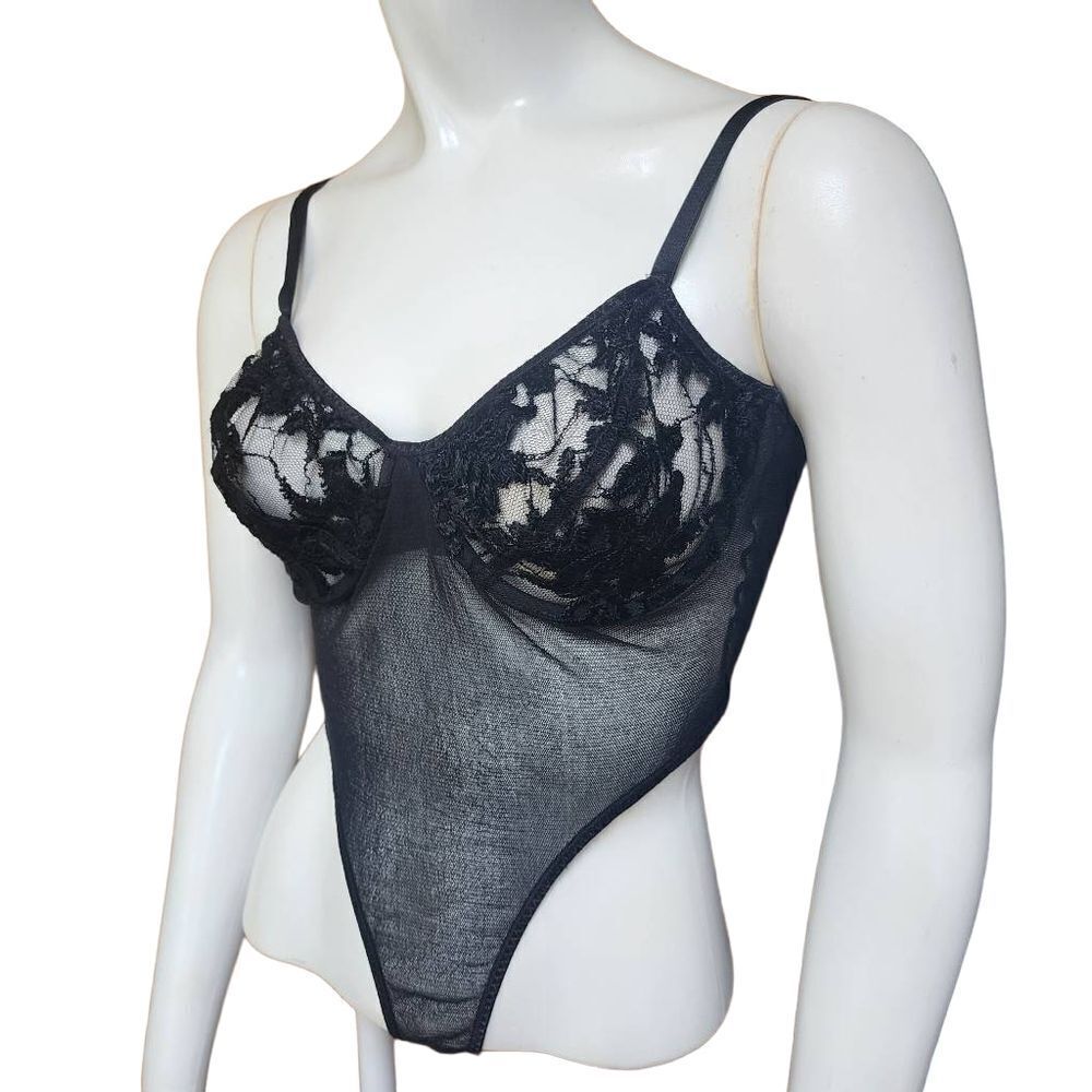 On Gossamer Black Floral Lace & Mesh Teddy (36C)